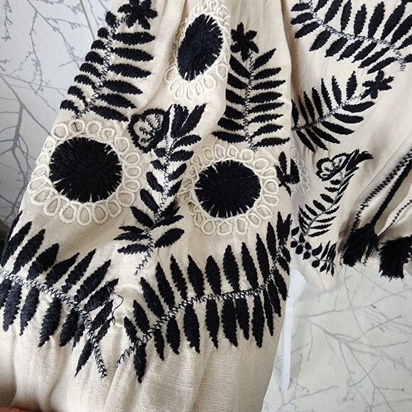 Zara Beige Floral Embroidered Cotton Linen Tassel Lantern Sleeve Jacket - Picture 3 of 8